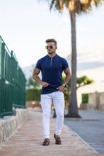 Load image into Gallery viewer, Father Sons Classic Navy and Gold Zip Knitted Short Sleeve Polo Shirt - FSH417
