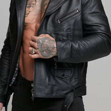 Load image into Gallery viewer, Father Sons Black Leather Jacket with Belt Detail - FSH313
